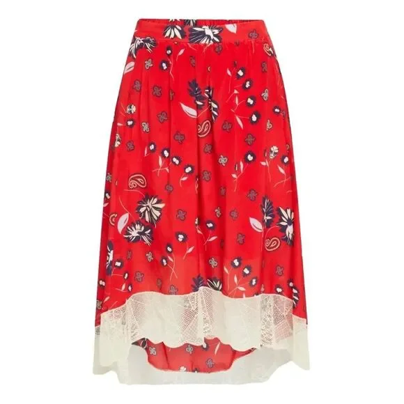 Zadig & Voltaire Joslin Daisy Red Silk Floral Skirt Size 40EU/8US Lace Trim Boho - Picture 13 of 13